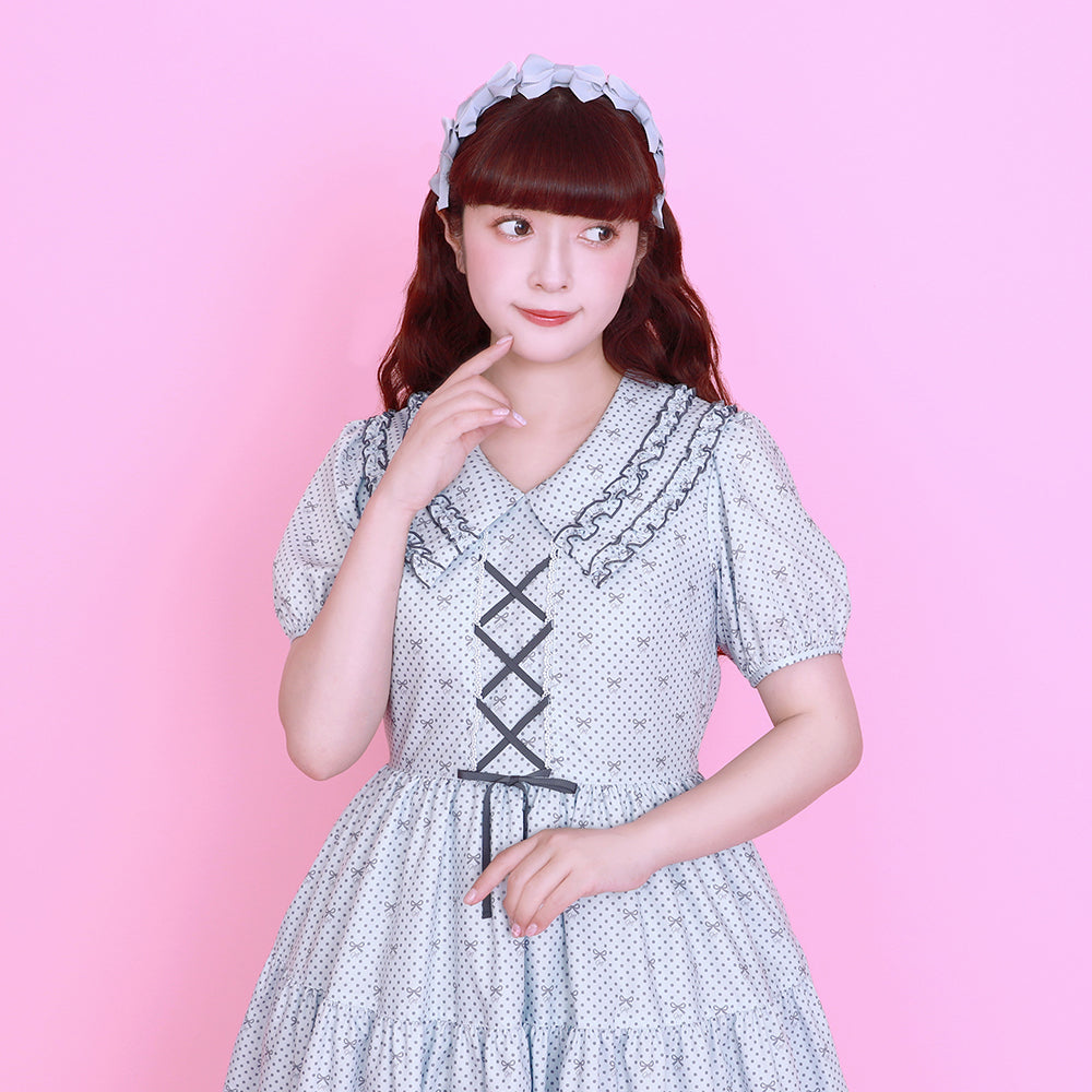 Little dot Ribbonフリル付きカラーワンピース