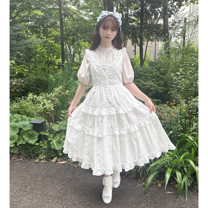 Lattice bouquet embroidery front button jumper dress