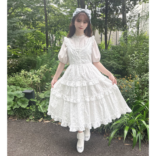 Lattice bouquet embroidery front button jumper dress