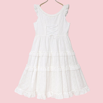 Lattice bouquet embroidery front button jumper dress