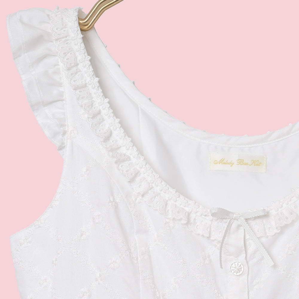 Lattice bouquet embroidery front button jumper dress