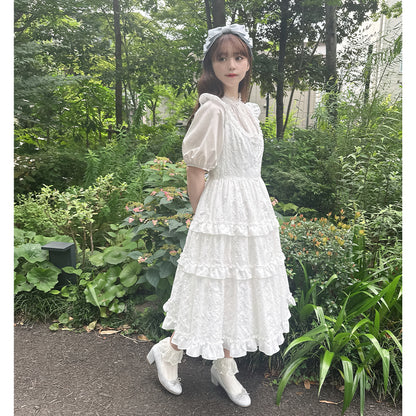 Lattice bouquet embroidery front button jumper dress