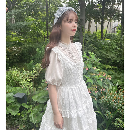 Lattice bouquet embroidery front button jumper dress