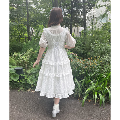 Lattice bouquet embroidery front button jumper dress