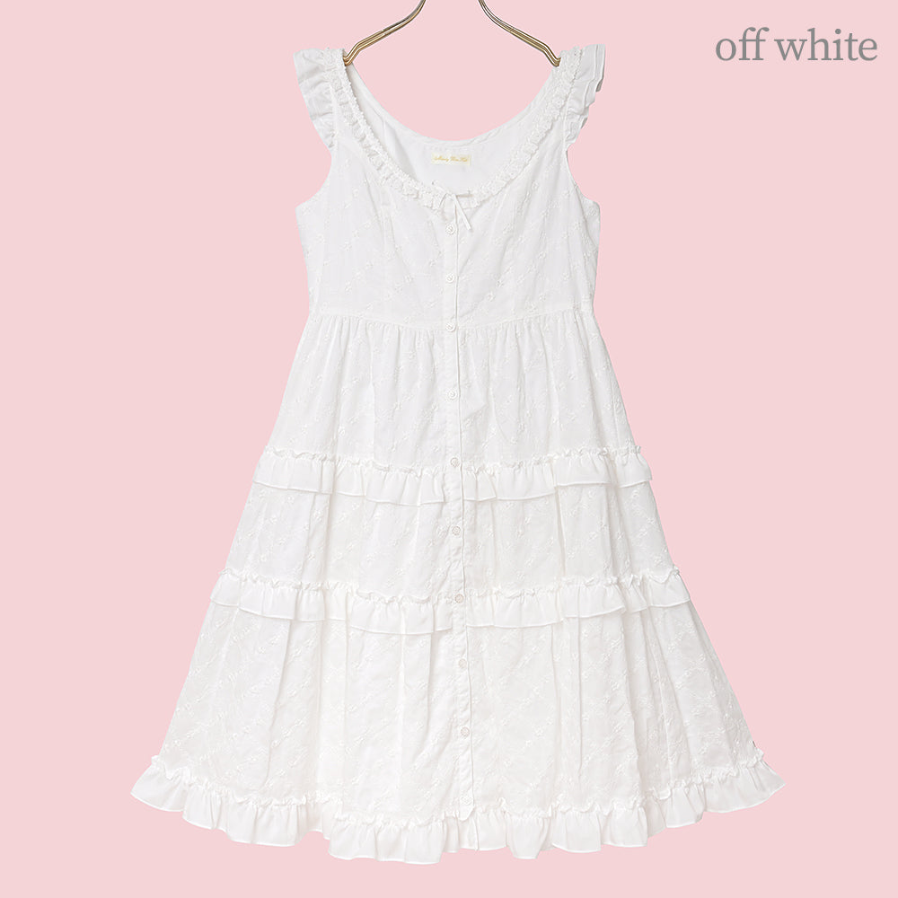 Lattice bouquet embroidery front button jumper dress