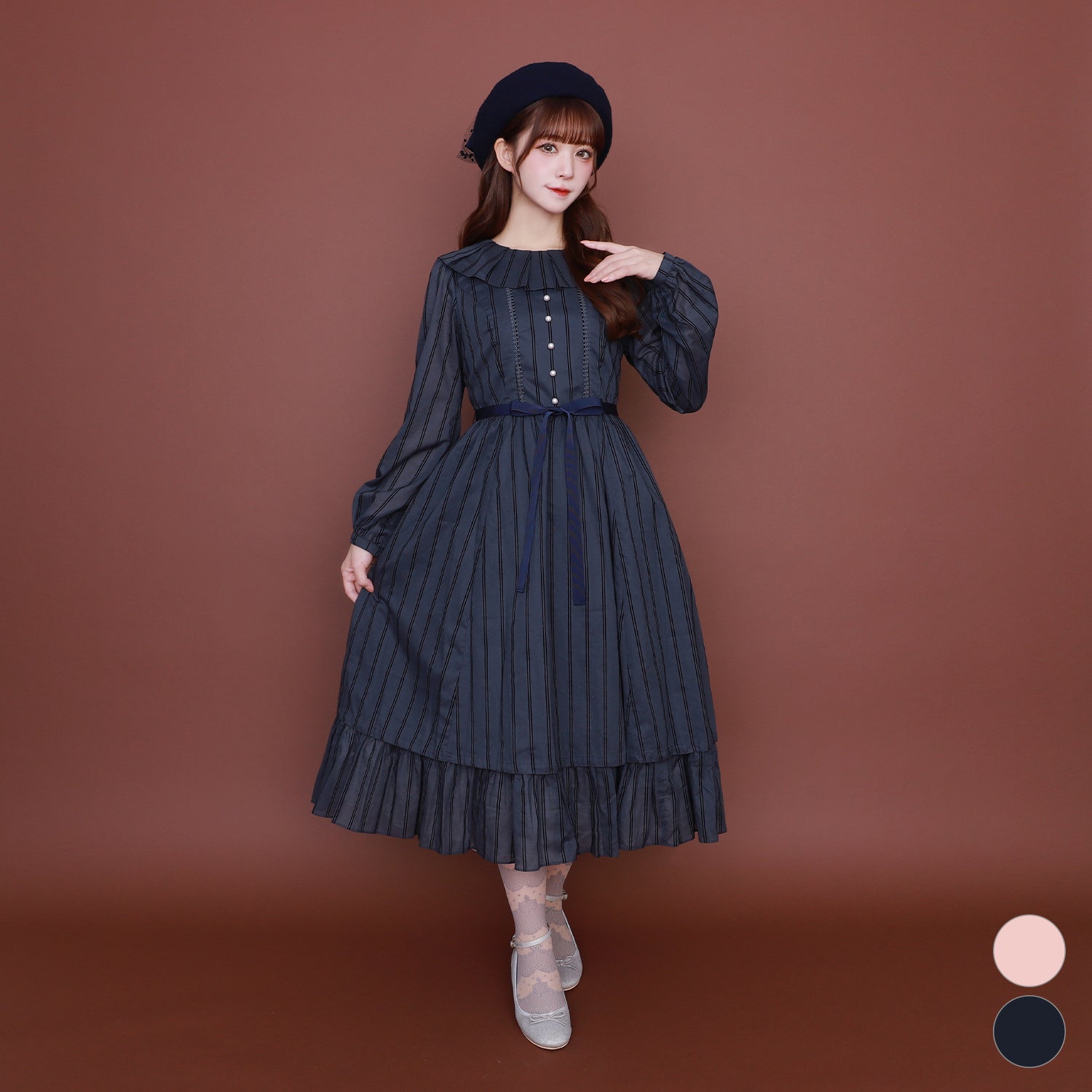 ストライプフロッキーワンピース-Melody BasKet(メロディーバスケット