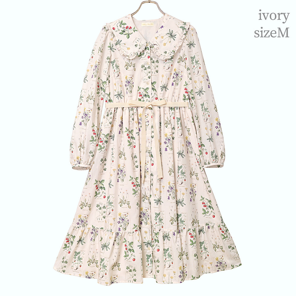 植物図鑑フロントボタン長袖ワンピース-Melody BasKet