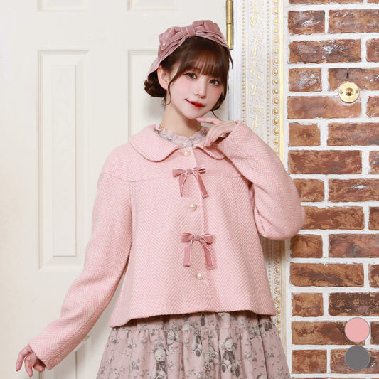 リボンパール ヘリンボーンショートコート