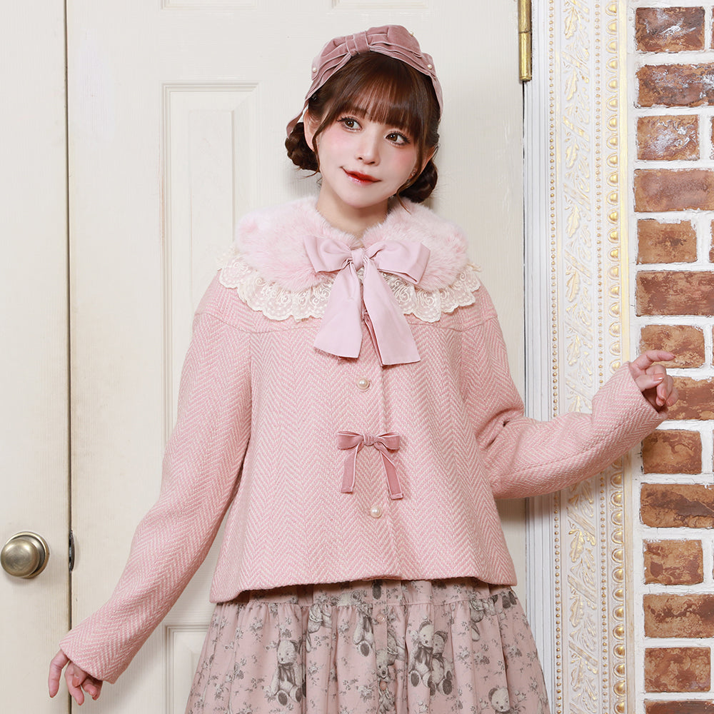 リボンパール ヘリンボーンショートコート