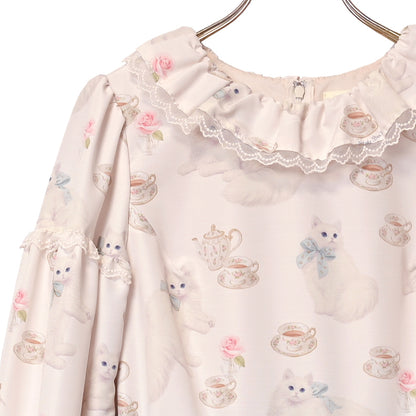 白猫のTea timeフリルカラーワンピース