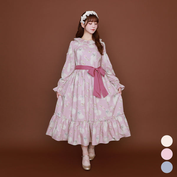 White cat Tea time frill lace collar dress