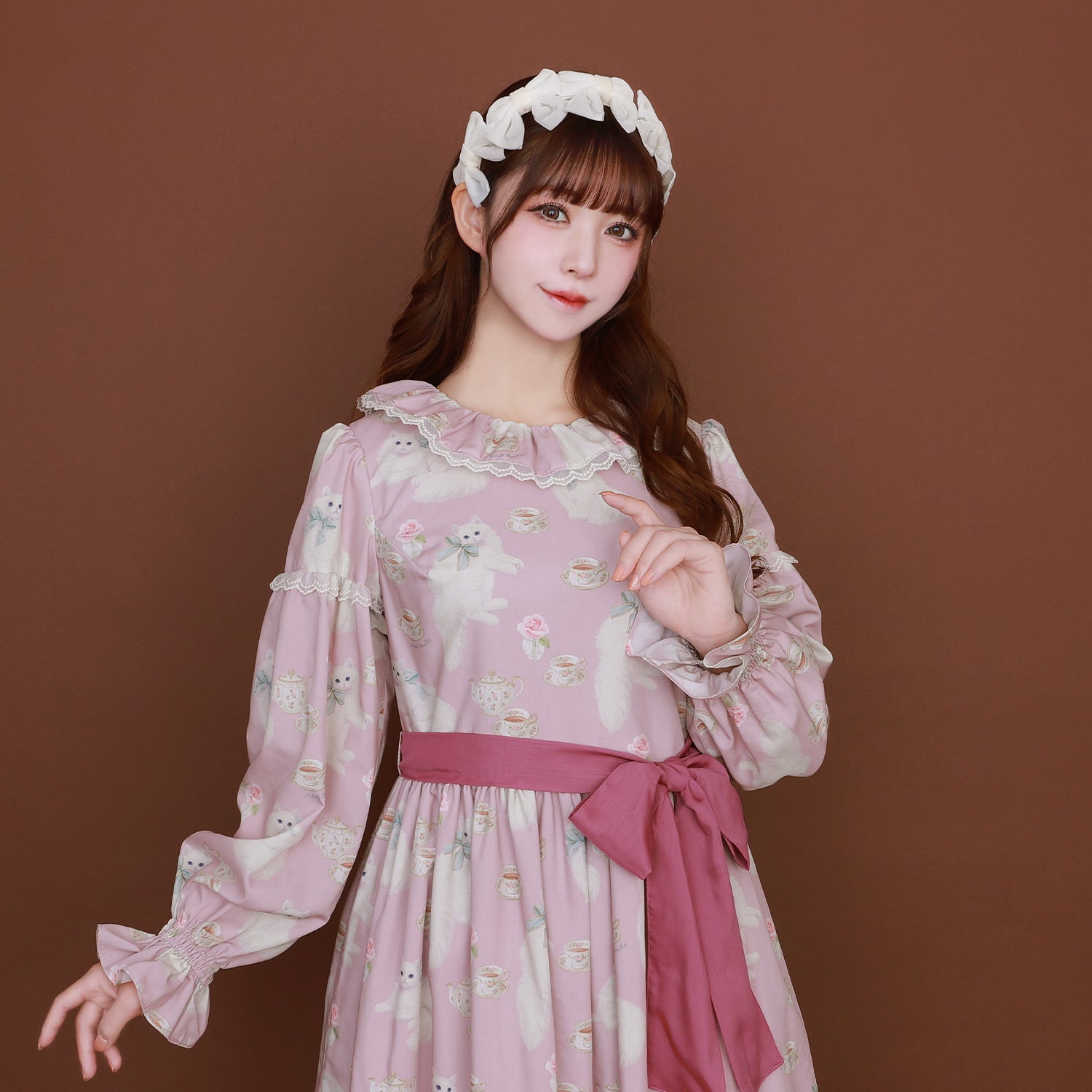 メロディバスケット　白猫のTea timeサイドリボンワンピース　ピンク 白猫のTea timeフリルカラーワンピース-Melody BasKet(メロディー