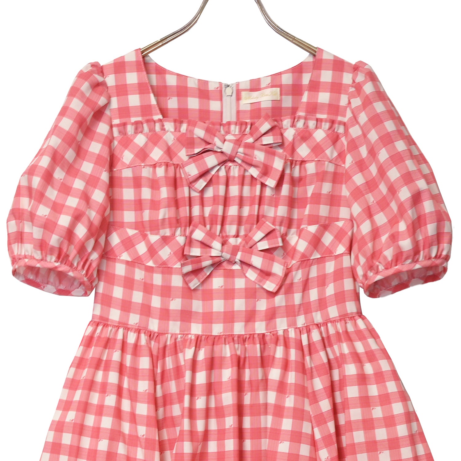 リボンとレースカラーのタータンチェックワンピース　メロディーバスケット　メロバス Melody Gingham checkリボンワンピース-Melody BasKet(メロディ