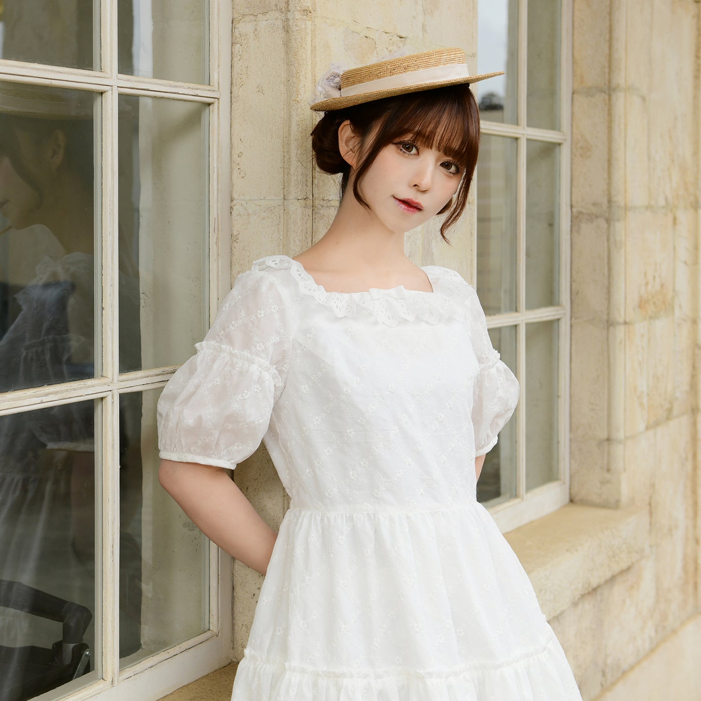 Lattice bouquet embroidery square neck dress